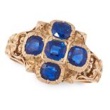 AN ANTIQUE SAPPHIRE DRESS RING in yellow gold, the face set with five cushion cut blue sapphires