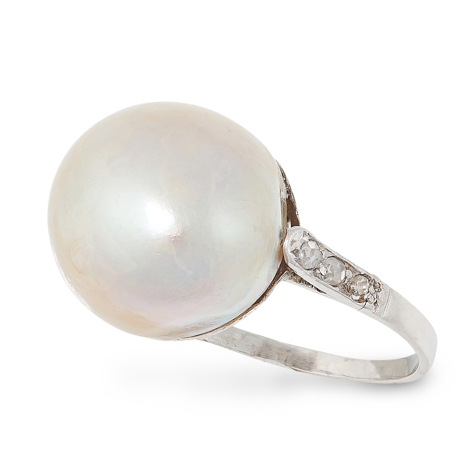 A PEARL AND DIAMOND DRESS RING, CIRCA 1930 set with a pearl of 12.8mm between shoulders accented - Image 2 of 2