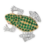 AN EMERALD AND DIAMOND FROG BROOCH in 18ct yellow gold and platinum, designed as a frog, the body