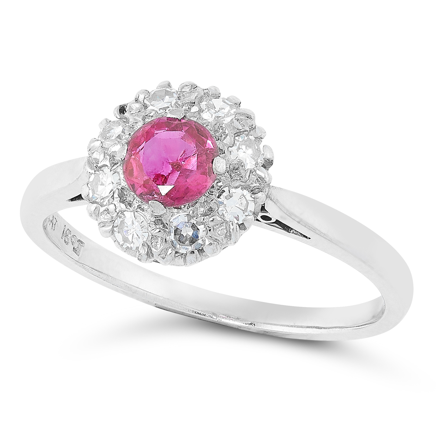 A BURMA NO HEAT RUBY AND DIAMOND RING CIRCA 1950 in 18ct white gold and platinum, set with a round