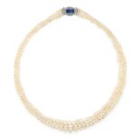 AN ANTIQUE NATURAL PEARL, SAPPHIRE AND DIAMOND NECKLACE comprising four rows of four hundred and