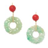A PAIR OF JADEITE JADE AND CORAL EARRINGS, EARLY 20TH CENTURY in yellow gold, each set with a carved