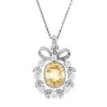 A CEYLON NO HEAT YELLOW SAPPHIRE AND DIAMOND PENDANT, EARLY 20TH CENTURY in platinum, set with a
