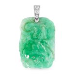 A CHINESE JADEITE JADE AND DIAMOND PENDANT comprising a carved and polished piece of jadeite