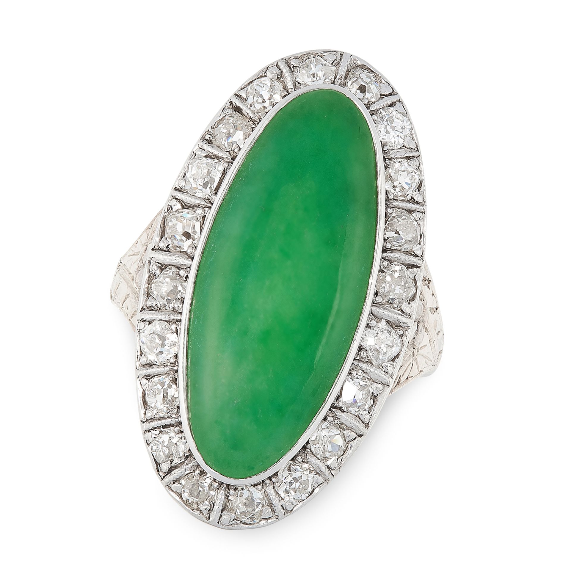 AN ANTIQUE JADEITE JADE AND DIAMOND RING in yellow gold and silver, set with an oval jadeite