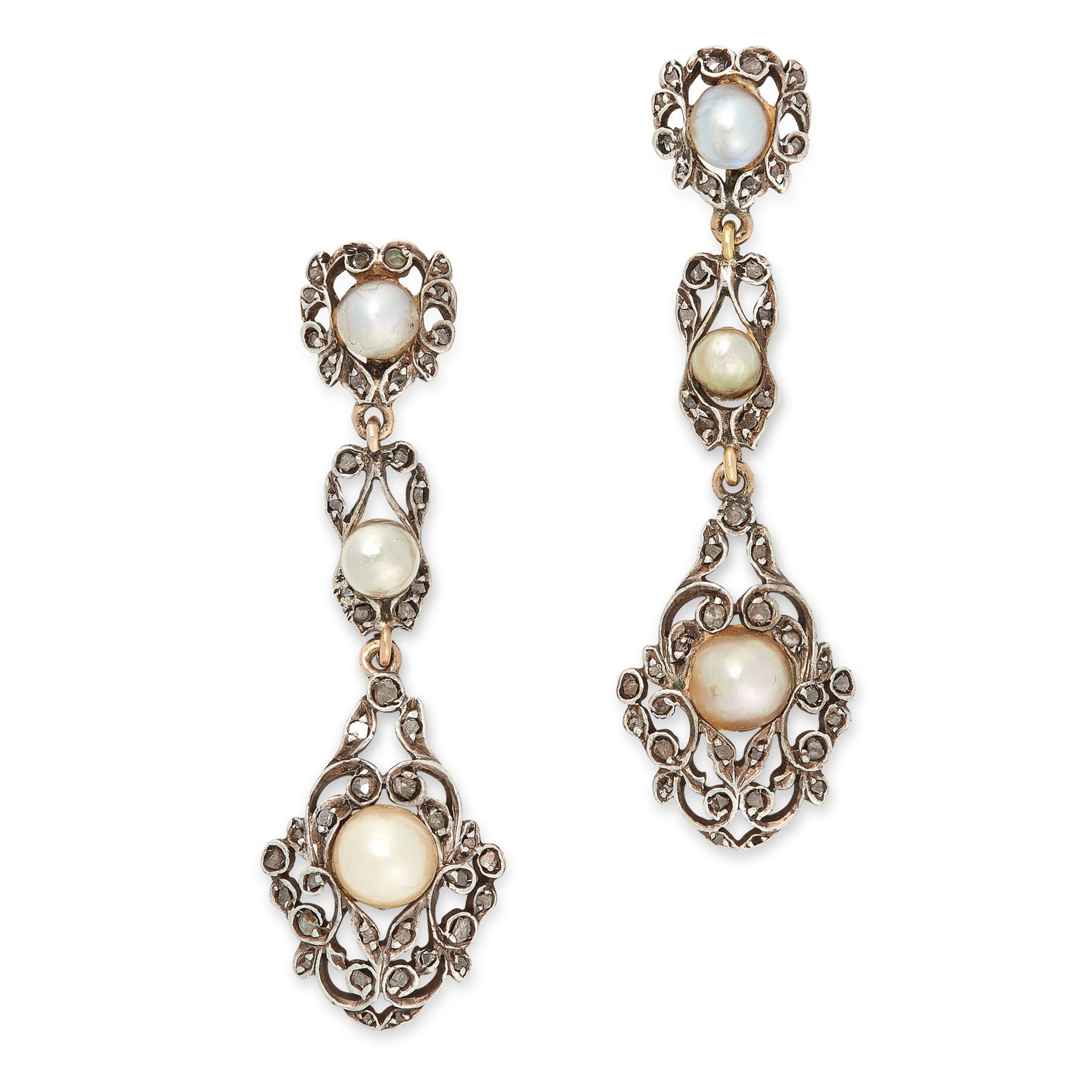 A PAIR OF ANTIQUE PEARL AND DIAMOND EARRINGS in yellow gold and silver, the articulated bodies