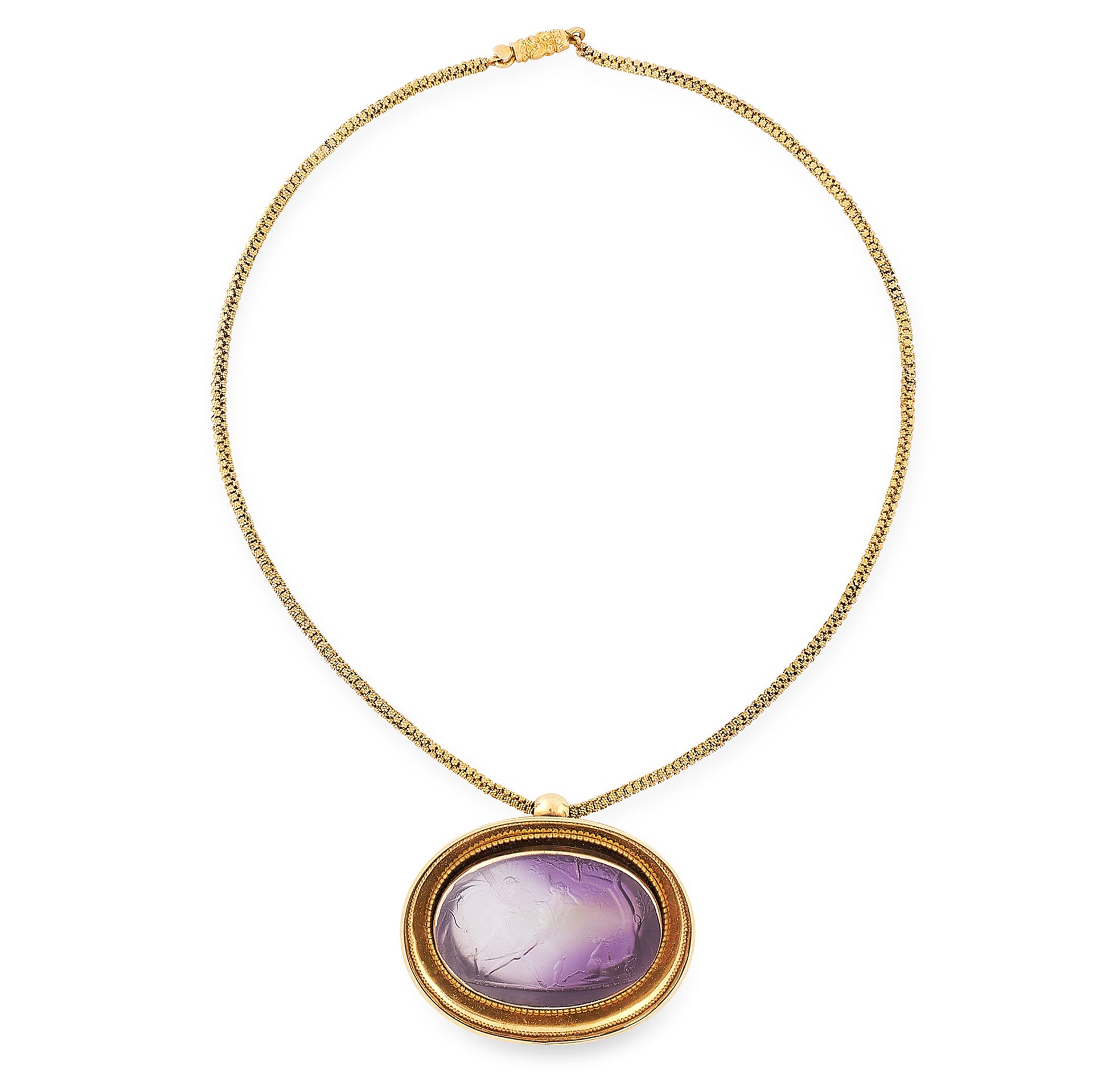 AN ANTIQUE CARVED AMETHYST INTAGLIO PENDANT AND CHAIN, FORMERLY BELONGING TO PRINCE STANISLAS