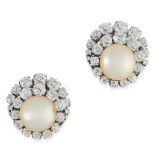 A PAIR OF NATURAL PEARL AND DIAMOND EARRINGS in 18ct white gold each set with a pearl of 11.3 and