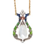 AN ANTIQUE PEARL, ZIRCON, DIAMOND AND ENAMEL PENDANT NECKLACE in 18ct yellow gold, set with a