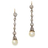 A PAIR OF PEARL AND DIAMOND DROP EARRINGS in yellow gold and silver, each designed as a drop