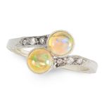 AN ANTIQUE OPAL AND DIAMOND DRESS RING the twisted shank terminated by two round cabochon opals,