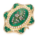 AN ANTIQUE PEARL, DIAMOND AND ENAMEL FORGET ME NOT BROOCH / PENDANT, 19TH CENTURY in high carat