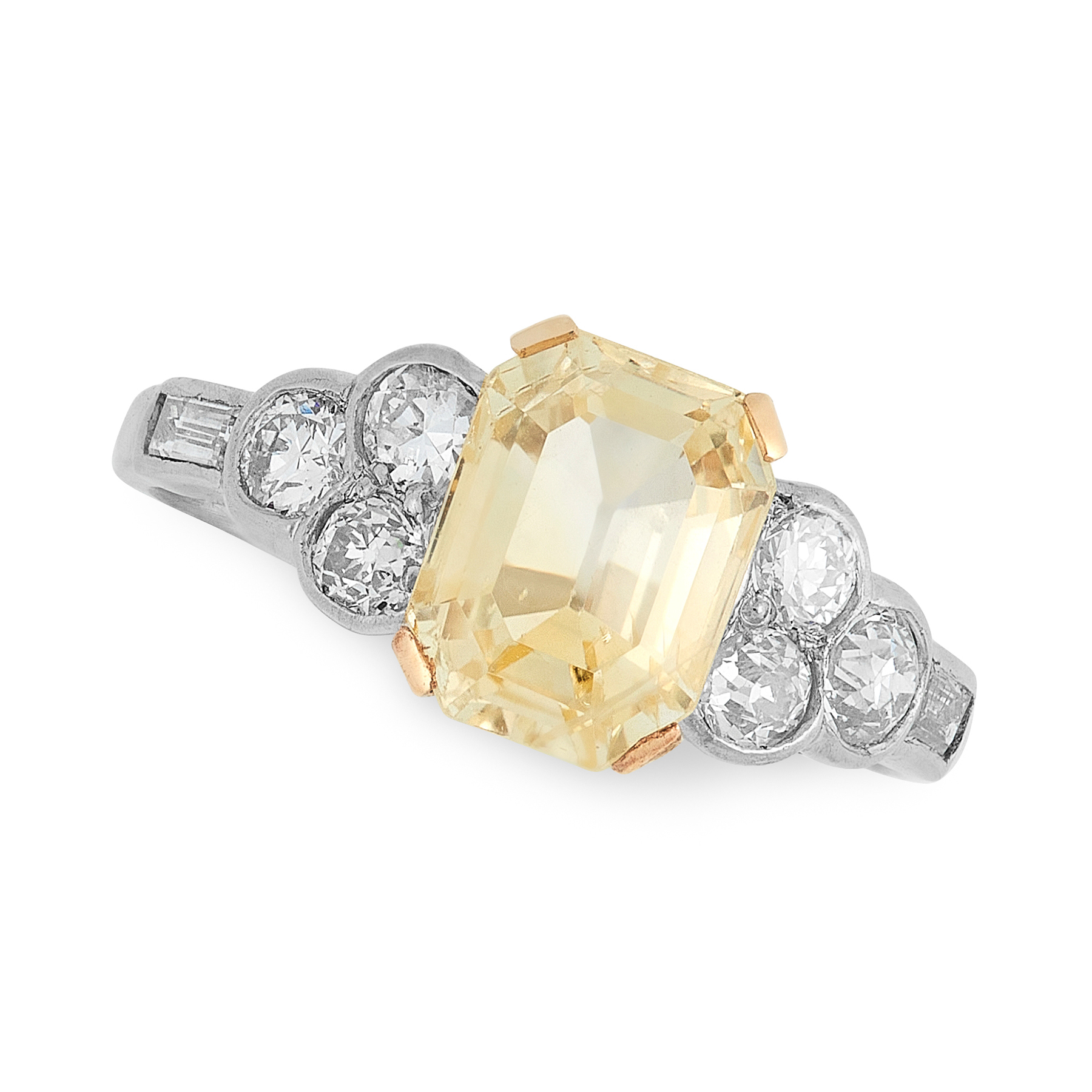 A YELLOW SAPPHIRE AND DIAMOND RING in platinum, set with an emerald cut yellow sapphire of 2.96