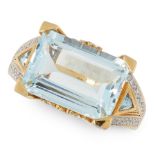 AN AQUAMARINE AND DIAMOND DRESS RING set with an emerald cut aquamarine of 5.64 carats, accented