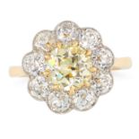 A 1.39 CARAT FANCY YELLOW DIAMOND CLUSTER RING in