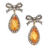 A PAIR OF CITRINE AND DIAMOND DROP EARRINGS each set with a pear shaped checkerboard cut citrine