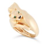 AN EMERALD AND ONYX PANTHERE RING, CARTIER in 18ct yellow gold, designed as two interlocking