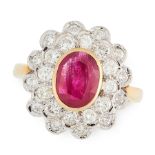 A RUBY AND DIAMOND CLUSTER RING in 18ct yellow gold, set with an oval cut ruby of 1.50 carats within