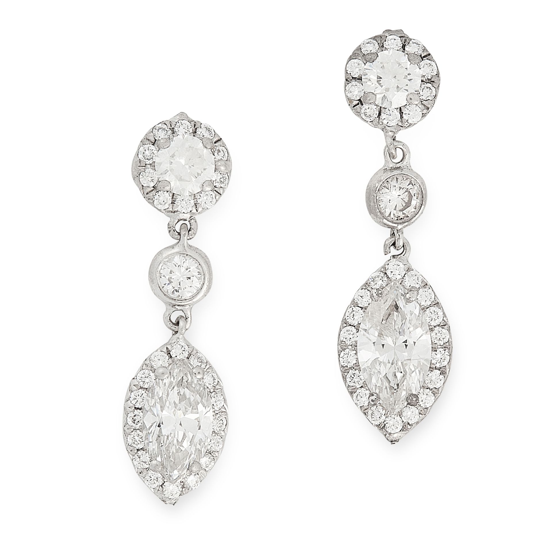 A PAIR OF DIAMOND DROP EARRINGS in 18ct white gold, each set with a marquise cut diamond of 0.55 and