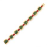 AN ART DECO JADE AND ENAMEL SCARAB BRACELET, JANESICH in 18ct yellow gold, formed of a series of