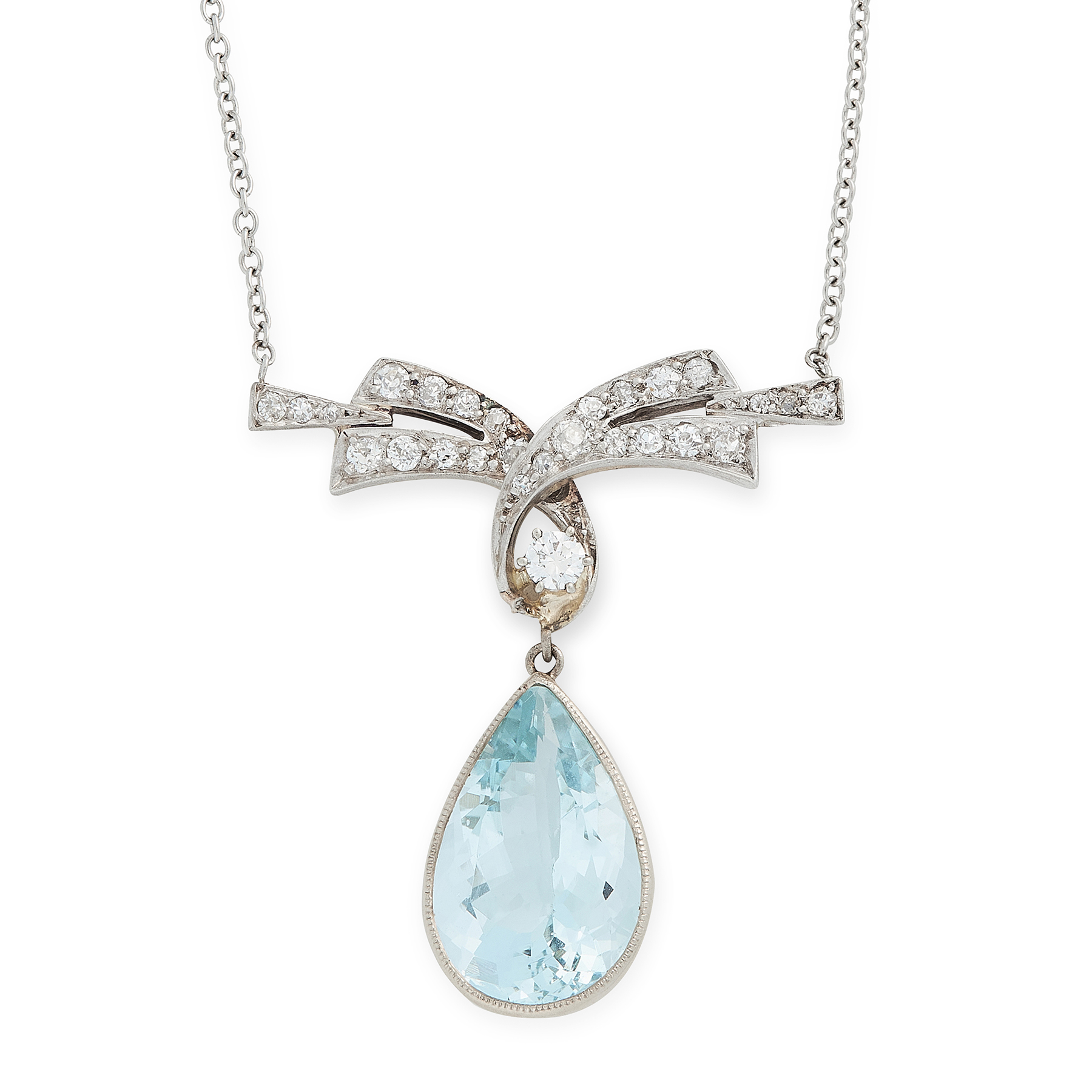 AN AQUAMARINE AND DIAMOND PENDANT NECKLACE in yellow gold and platinum, set with a pear cut