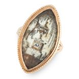 AN ANTIQUE HAIRWORK MINIATURE MOURNING RING, CIRCA 1785 in high carat yellow gold, the navette