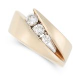 A DIAMOND THREE STONE DRESS RING, GAREL in 18ct gold, the twisted band set with a trio of