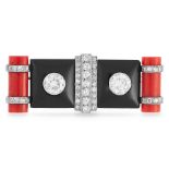 A DIAMOND, CORAL AND ONYX BROOCH, GEORGES FOUQUET CIRCA 1925 in platinum and 18ct white gold, of