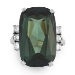 A TOURMALINE AND DIAMOND RING set with a cushion cut green tourmaline of 13.20 carats between