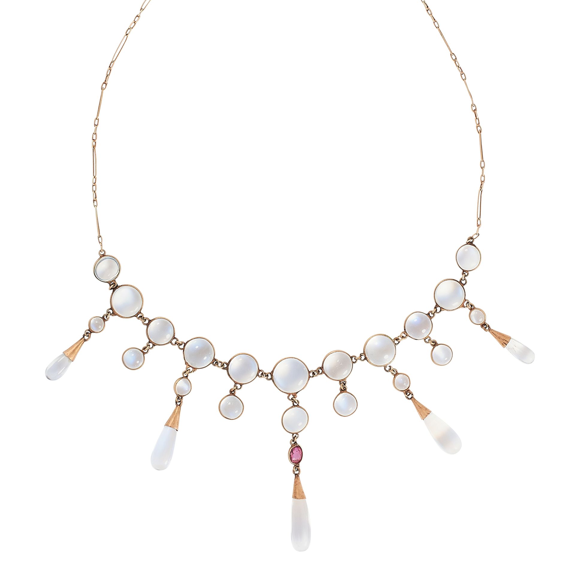 AN ANTIQUE MOONSTONE AND RUBY NECKLACE in yellow gold, comprising a row of round cabochon