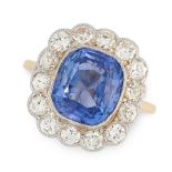 A CEYLON NO HEAT COLOUR CHANGE SAPPHIRE AND DIAMOND RING in yellow gold, set with a cushion cut