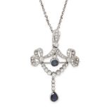 A SAPPHIRE AND DIAMOND BROOCH / PENDANT AND CHAIN in white gold and silver, designed as a ribbon and