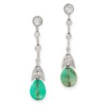 A PAIR OF EMERALD AND DIAMOND DROP EARRINGS in white gold, each set with a cabochon emerald below