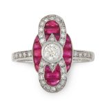A RUBY AND DIAMOND RING in 18ct white gold, in Art Deco design set with a central round cut