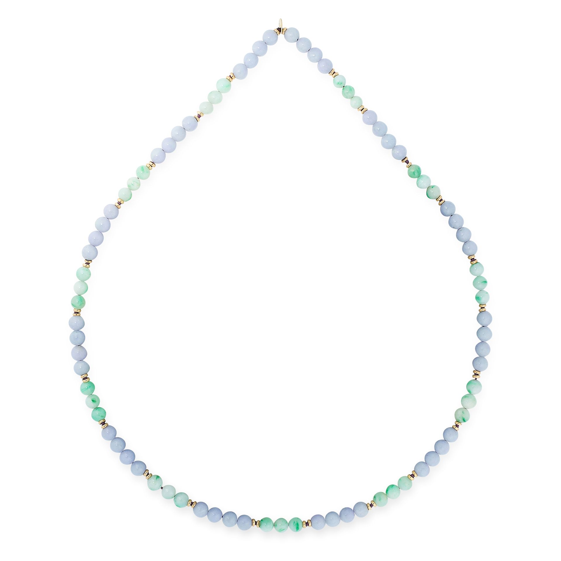 A LAVENDER AND GREEN JADEITE JADE BEAD NECKLACE, TIFFANY & CO in 14ct yellow gold, comprising a
