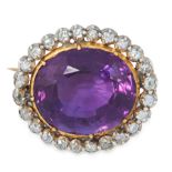 AN ANTIQUE AMETHYST AND DIAMOND BROOCH, 19TH CENTURY in yellow gold and silver, set with an oval cut