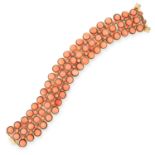 AN ANTIQUE CORAL BEAD BRACELET, 19TH CENTURY in the Etruscan revival manner, formed of three rows of