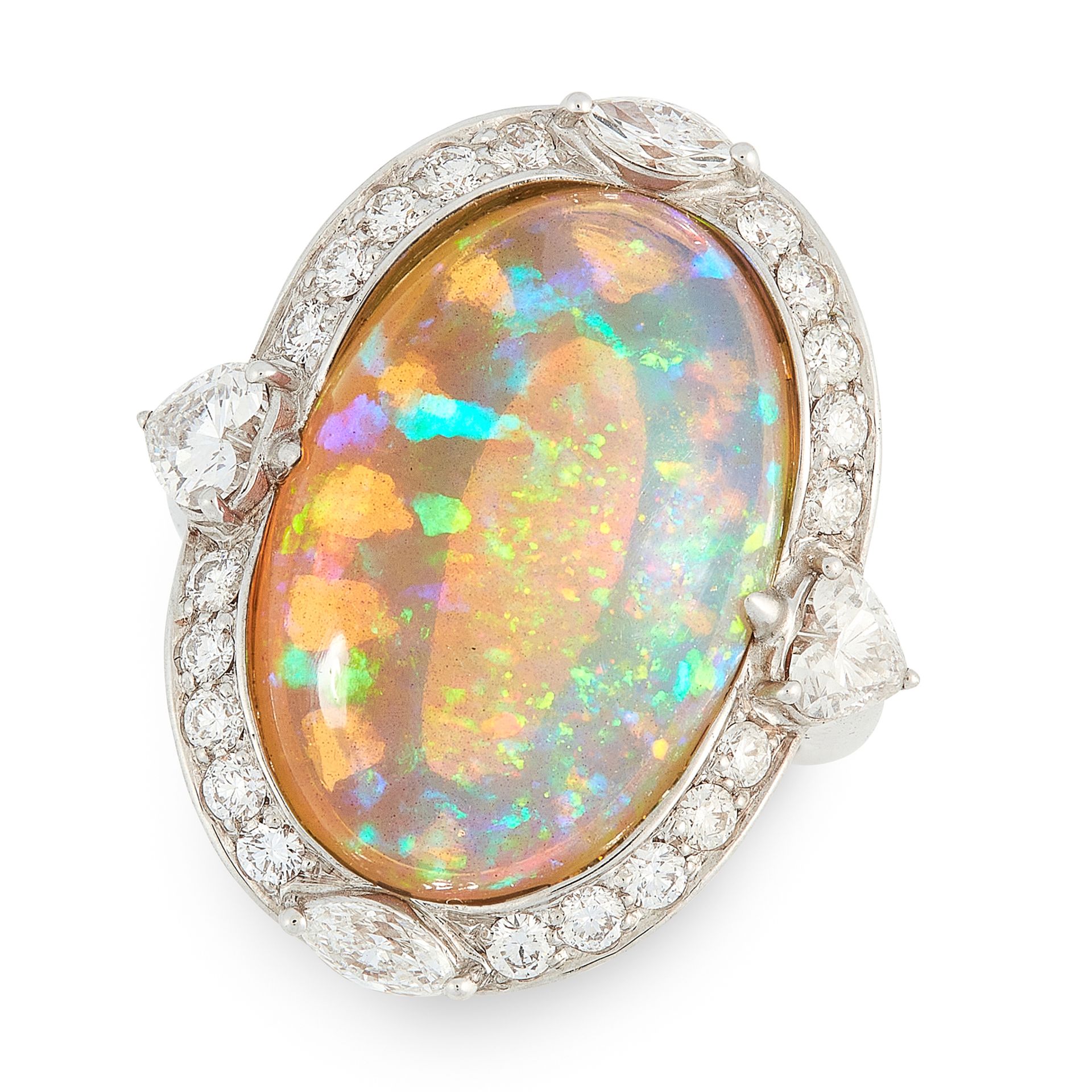 AN OPAL AND DIAMOND RING in 18ct white gold, set with an oval cabochon opal of 13.50 carats,