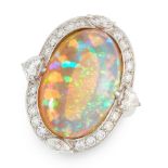 AN OPAL AND DIAMOND RING in 18ct white gold, set with an oval cabochon opal of 13.50 carats,