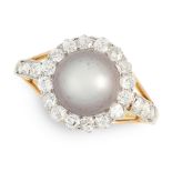 A NATURAL PEARL AND DIAMOND RING in yellow gold, set with a grey pearl of 8.58mm, weighing 3.87
