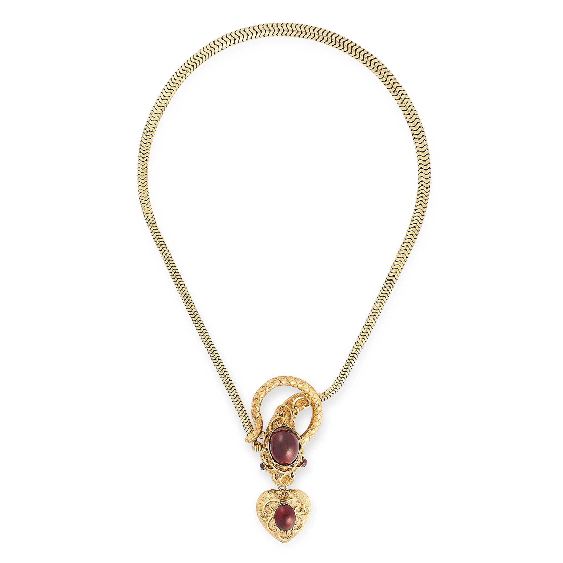 AN ANTIQUE GARNET MOURNING LOCKET SNAKE NECKLACE, 19TH CENTURY in yellow gold, the tapering chain