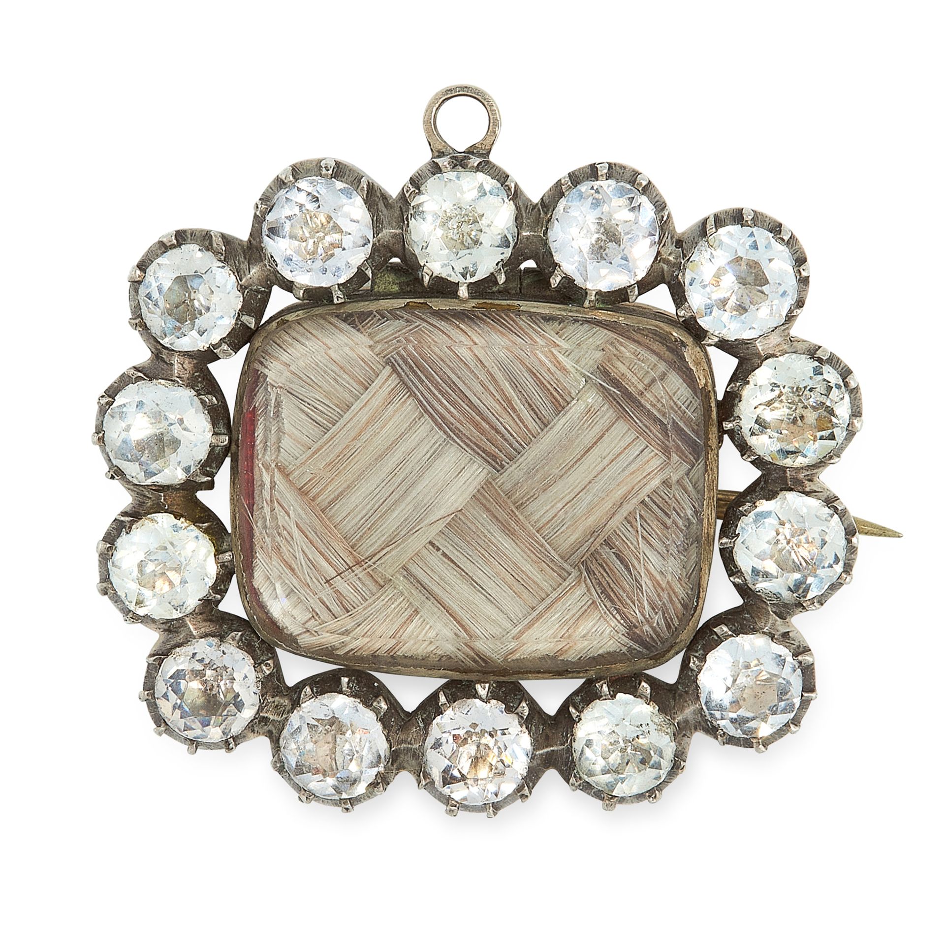 AN ANTIQUE PASTE AND HAIRWORK MOURNING BROOCH, 19TH CENTURY in silver, set with a central panel of