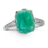 AN ART DECO EMERALD AND DIAMOND DRESS RING, EARLY 20TH CENTURY set with a sugarloaf cabochon emerald