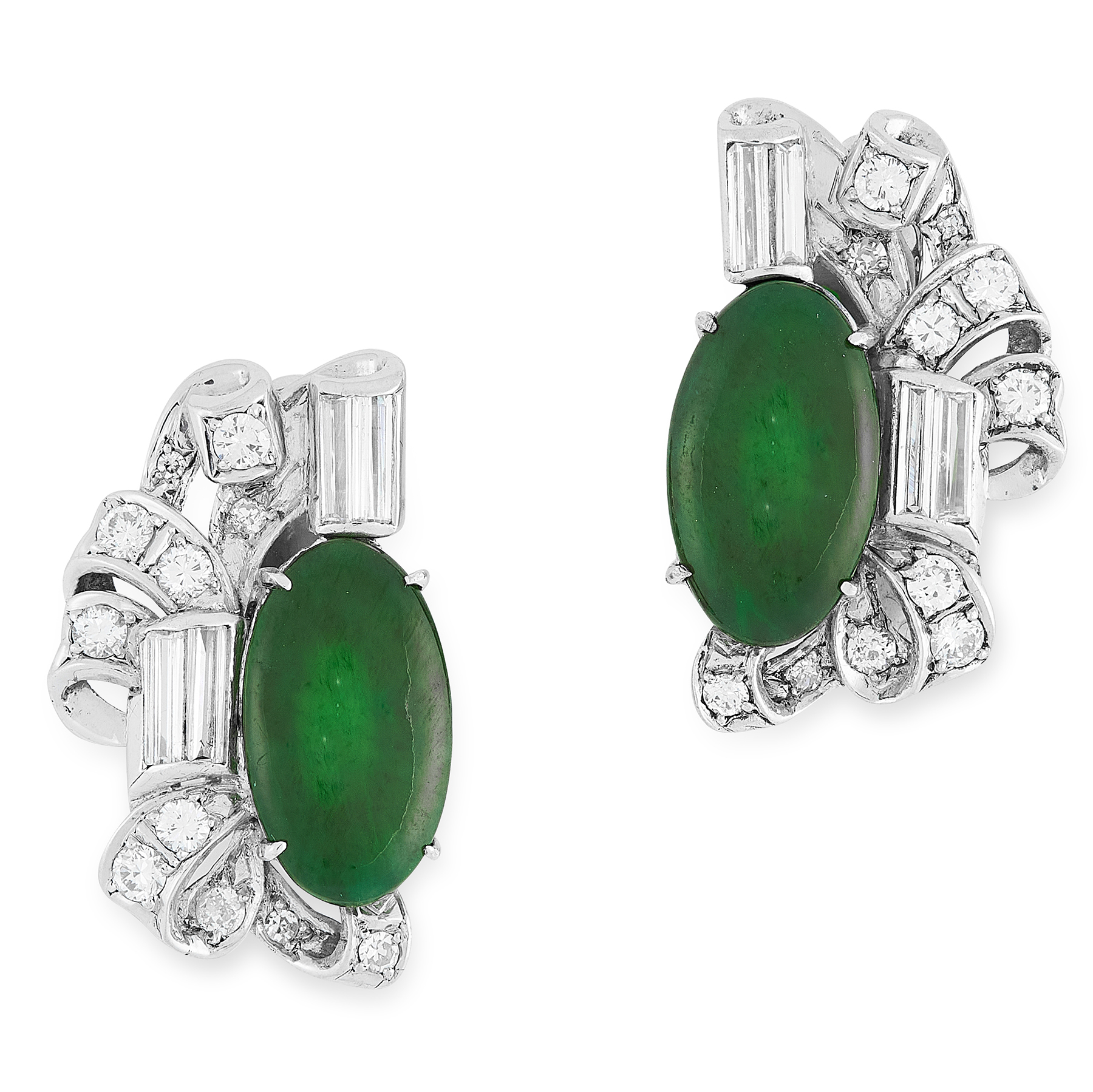 A PAIR OF JADEITE JADE AND DIAMOND CLIP EARRINGS each set with an oval jadeite cabochon of 3.01
