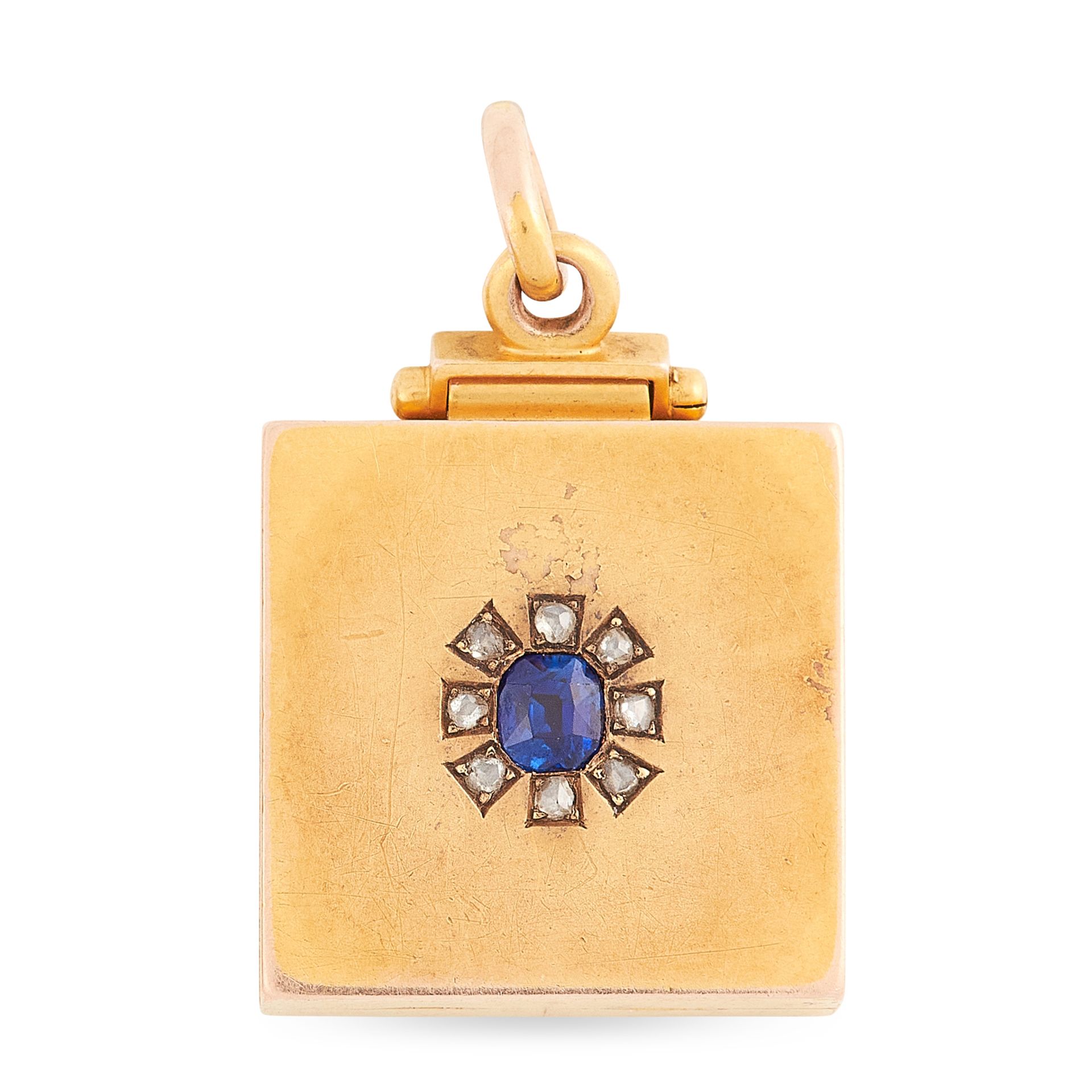 AN ANTIQUE SAPPHIRE AND DIAMOND LOCKET PENDANT in yellow gold, the square, hinged body with locket