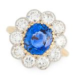 A CEYLON NO HEAT SAPPHIRE AND DIAMOND RING in 18ct yellow gold, set with a cushion cut blue sapphire