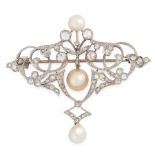 AN ANTIQUE NATURAL PEARL AND DIAMOND BROOCH, CIRCA 1900 of openwork scrolling design, set with a