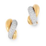 A PAIR OF DIAMOND HOOP EARRINGS in 18ct yellow and white gold, each of crossover design, half set