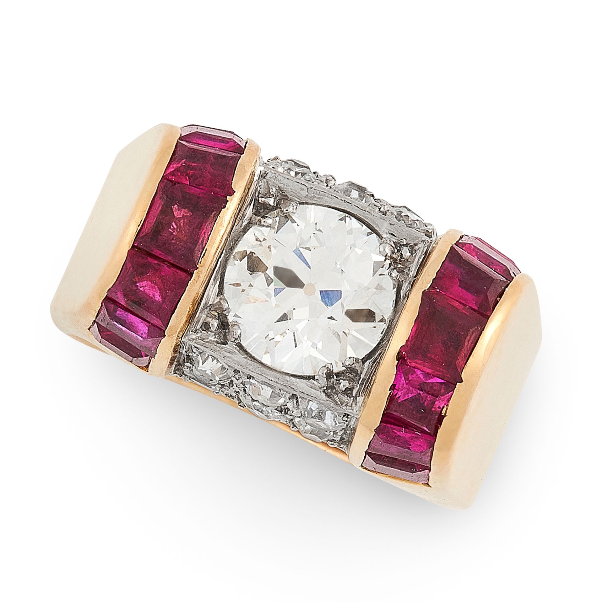 A RETRO DIAMOND AND RUBY RING CIRCA 1945 in 18ct yellow gold, set with an old cut diamond of 1.38