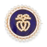 AN ANTIQUE DIAMOND, PEARL AND ENAMEL SWEETHEART BROOCH, 19TH CENTURY in yellow gold and silver,